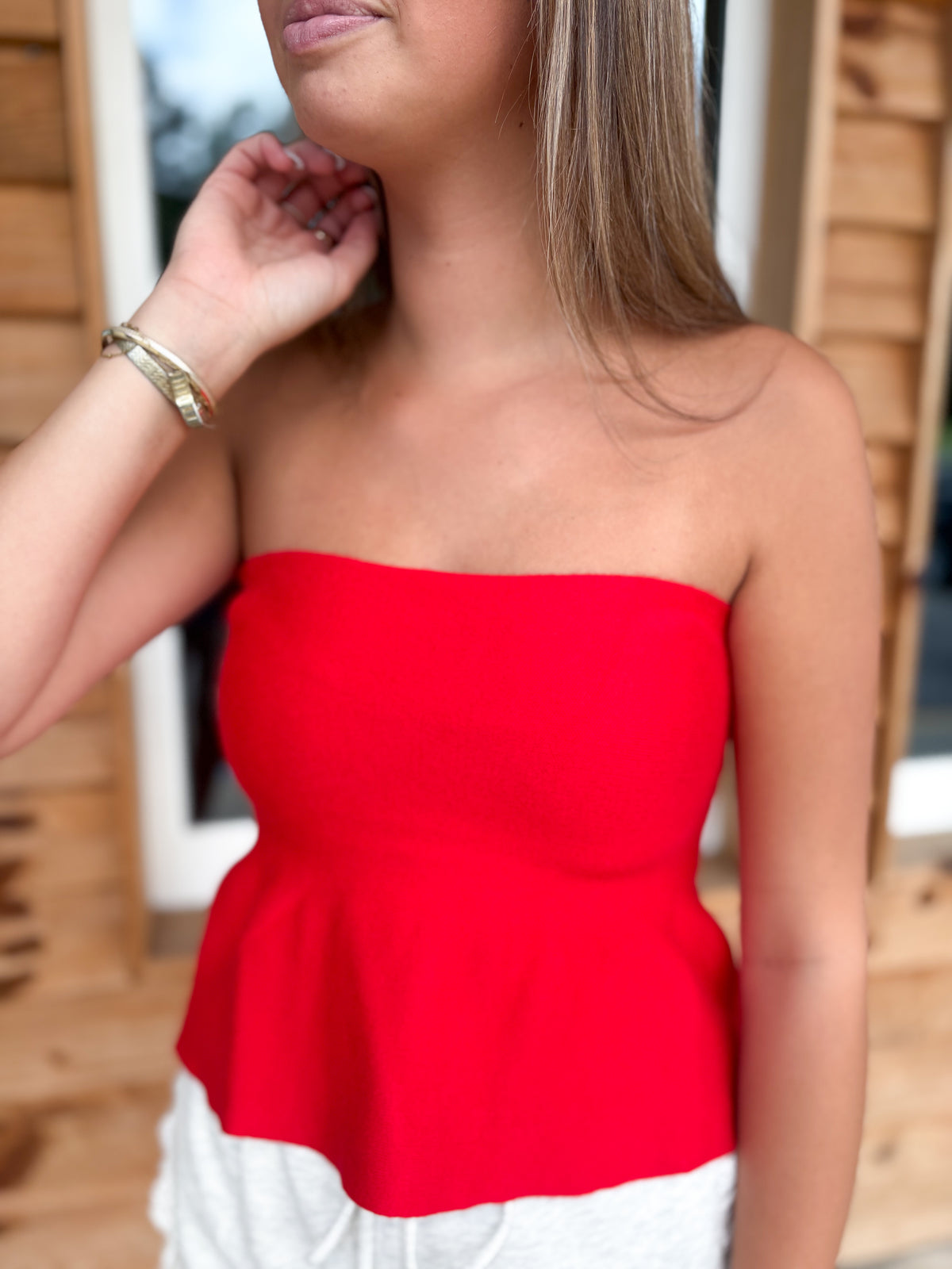 Ellie Strapless Knit Peplum Top: Red