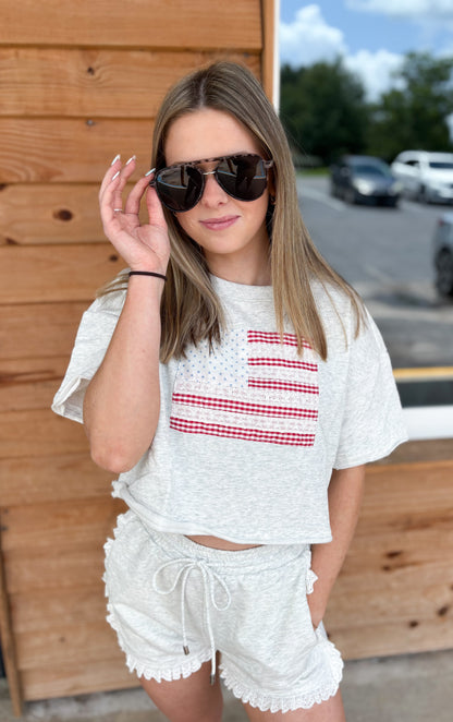 American flag patch s/s top: WHITE MELANGE