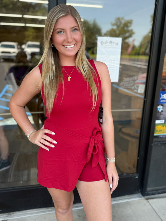 Sleeveless Wrap Tie Front Dress: Cherry