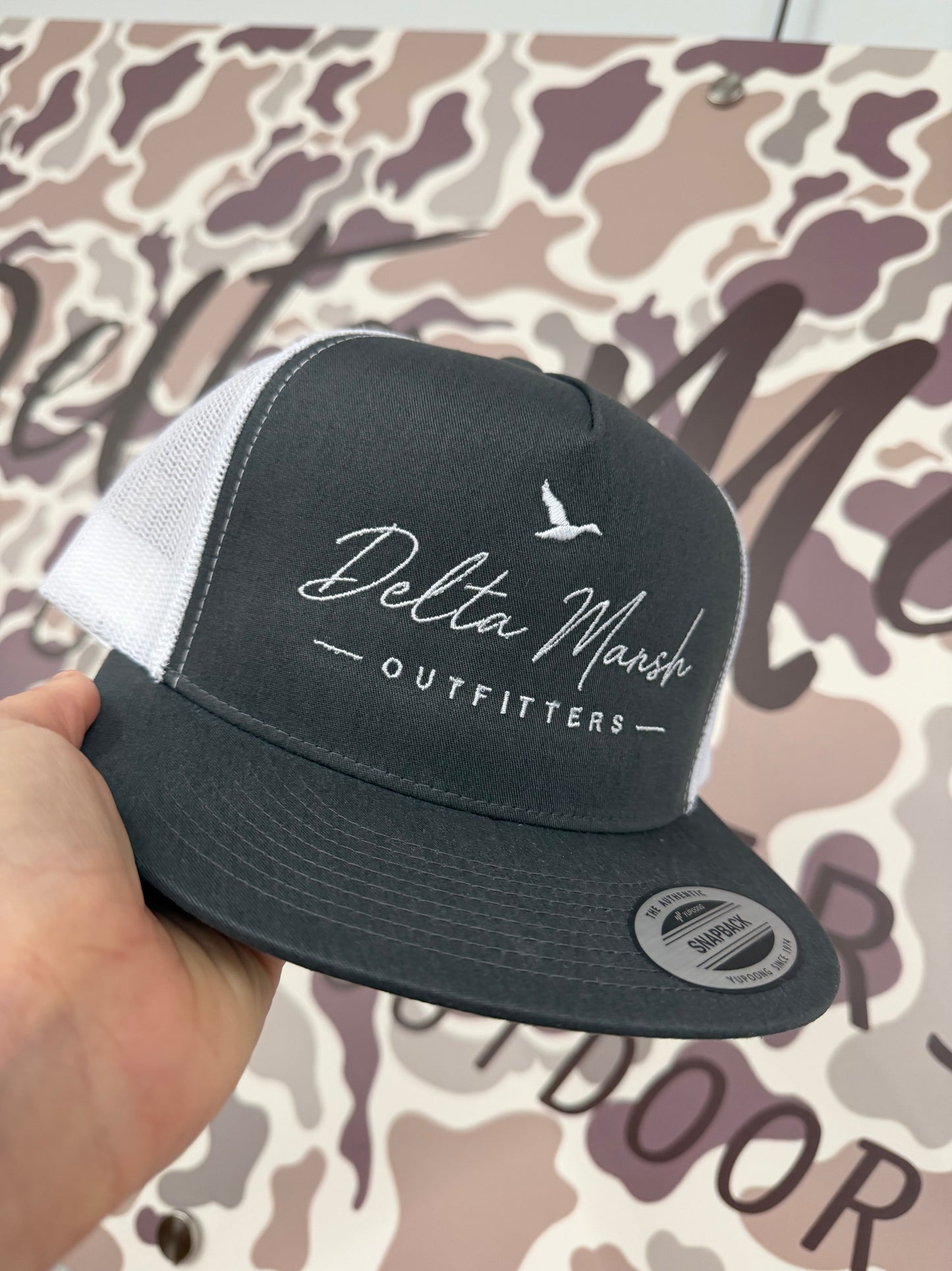 Delta Marsh Duck Script  - Yupoong SnapBack - Gray/White