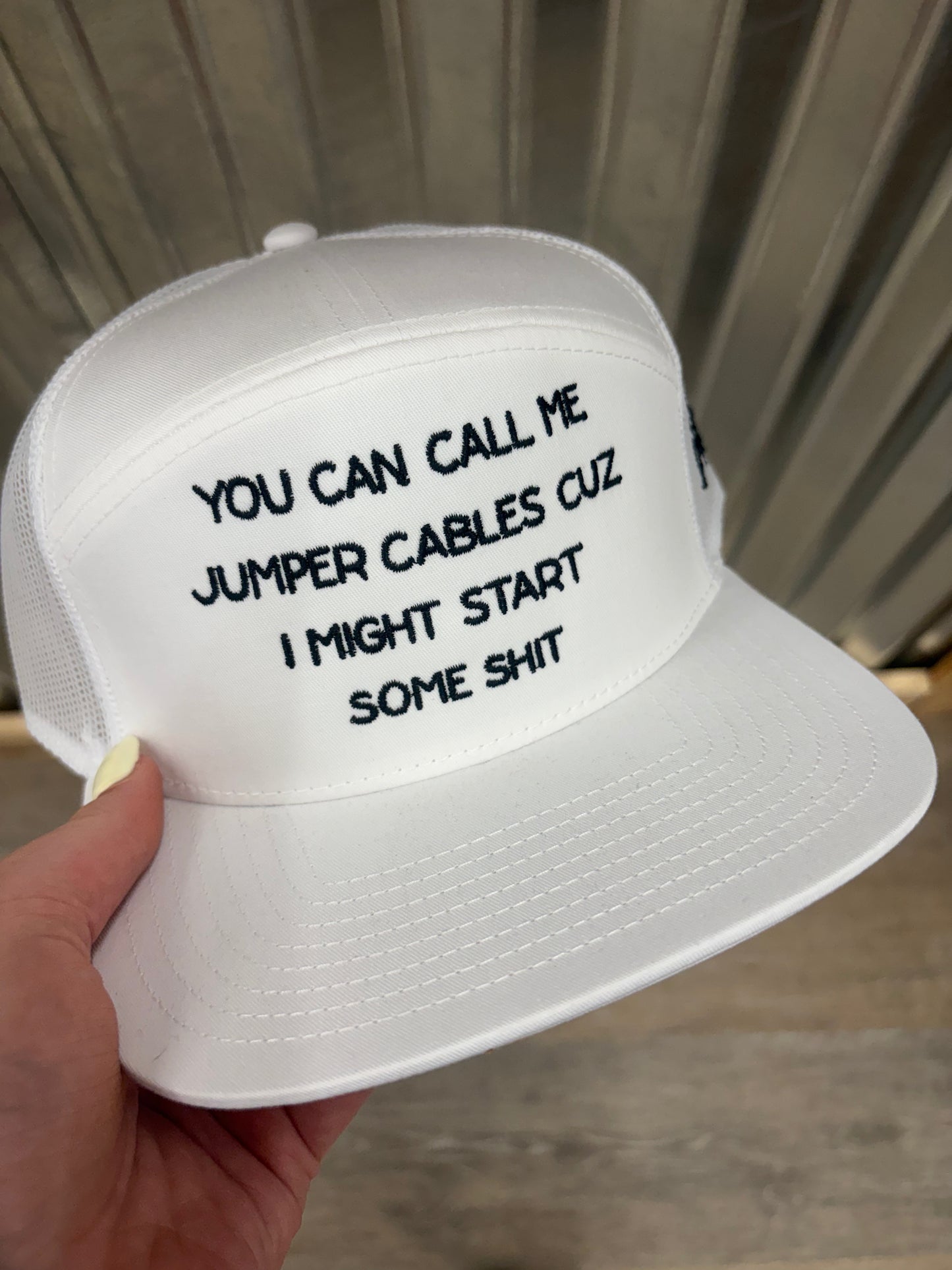 Call Me Jumper Cables Trucker Hat/ 7 panel white