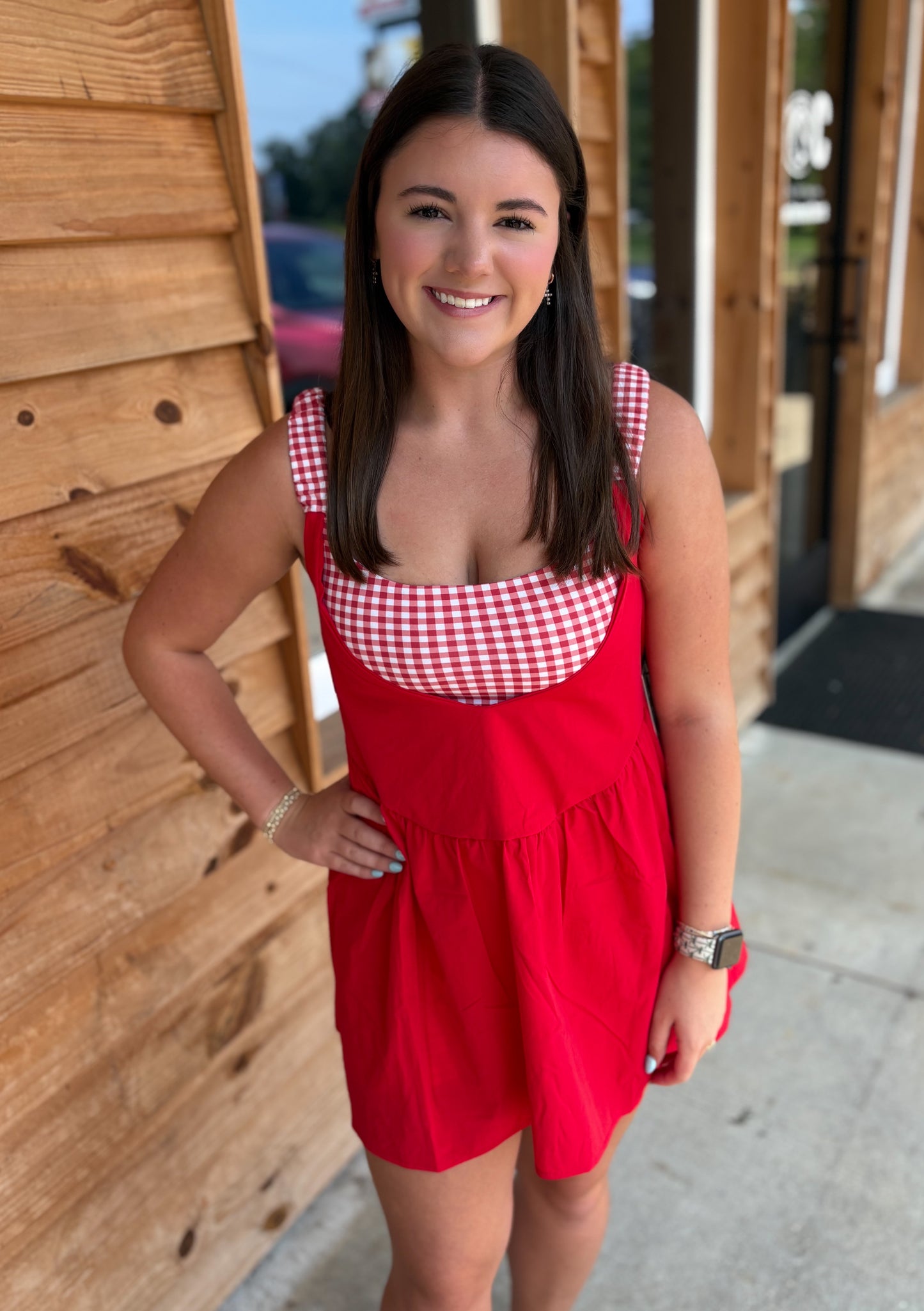 Gingham Print Double Layered Play Dress: Red / S