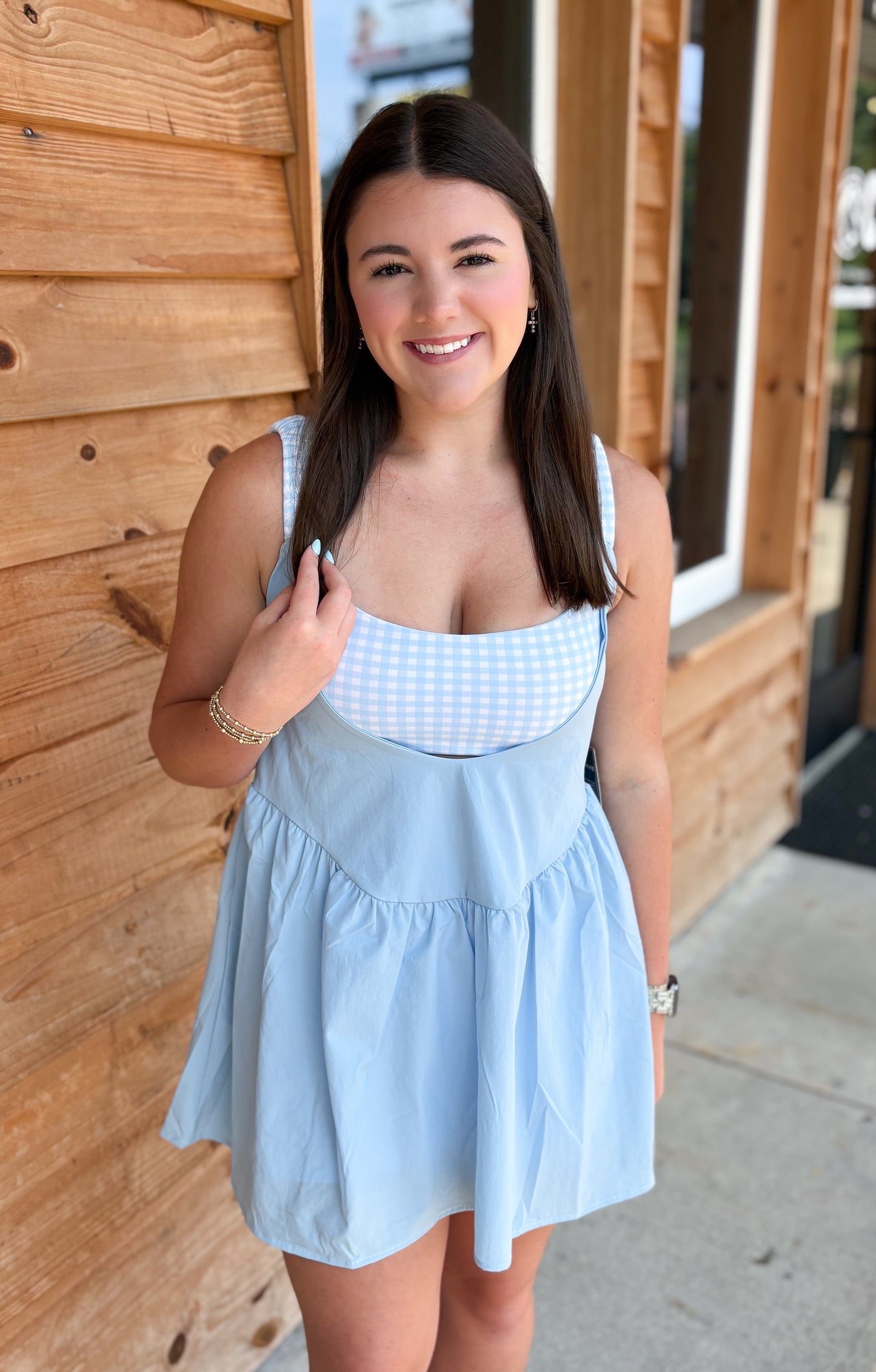 Gingham Print Double Layered Play Dress: Blue