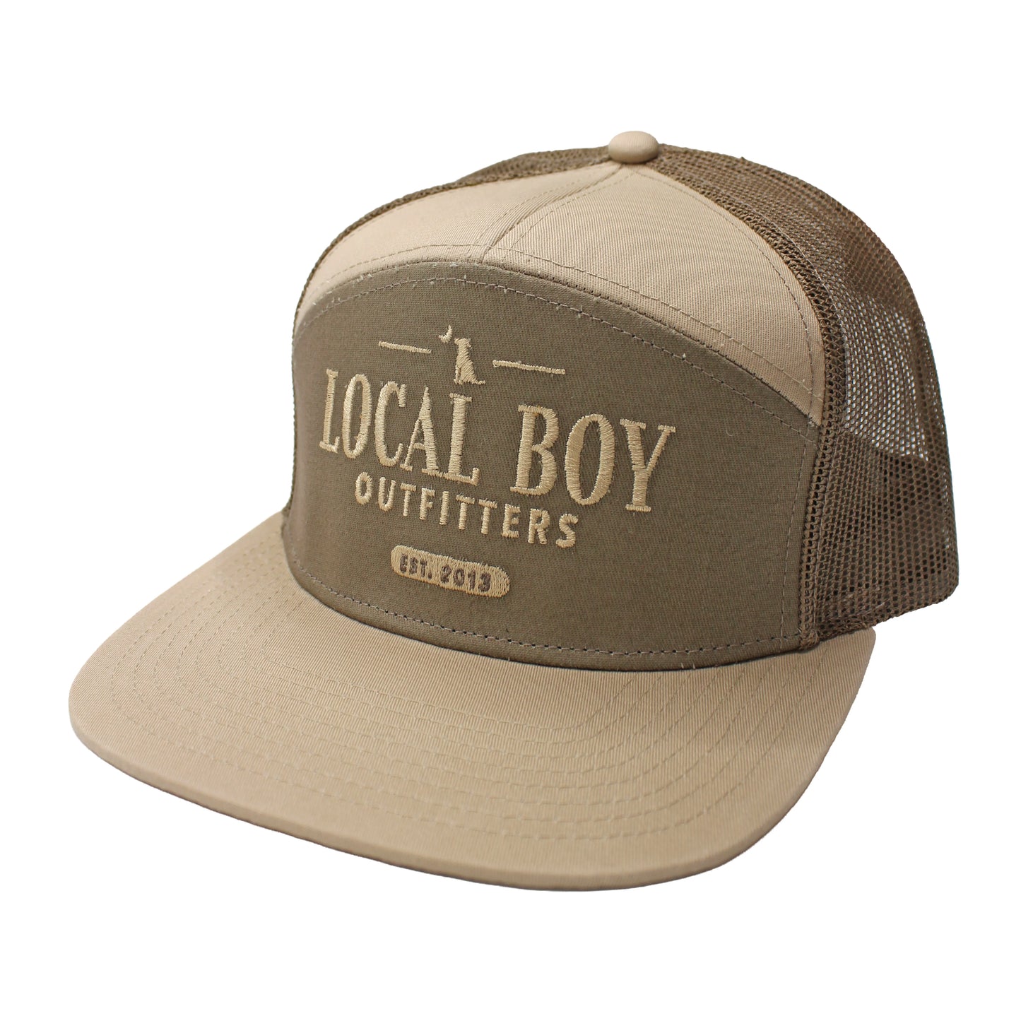 Local Boy Lucky Text 7 Panel Hat- Tan/Dark Tan