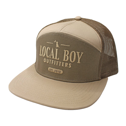 Local Boy Lucky Text 7 Panel Hat- Tan/Dark Tan