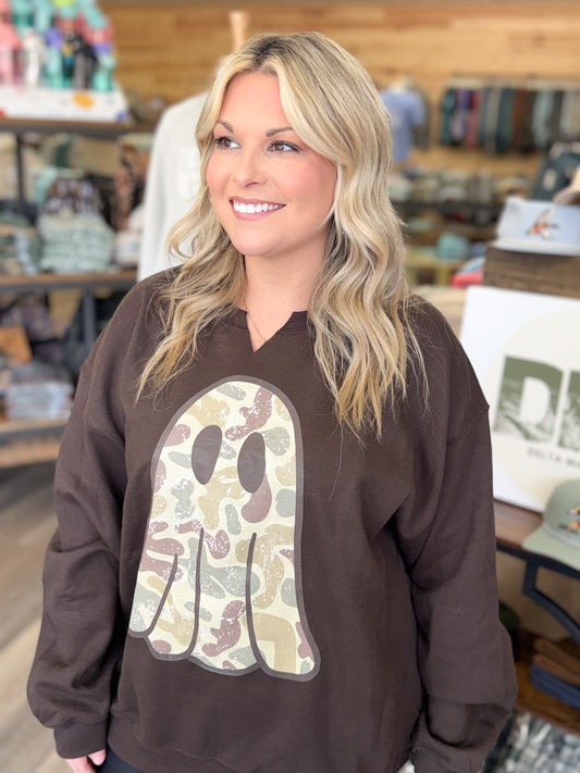 Camo Ghost Split Neck Graphic Crewneck on Dark Chocolate