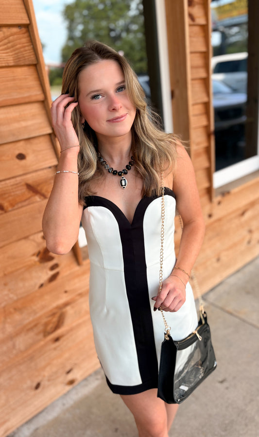 Color Block Strapless Romper Dress With Sweetheart Neckline Black/White