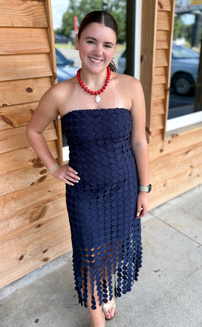 Strapless circle Lace Fringe Midi Tube Dress: NAVY