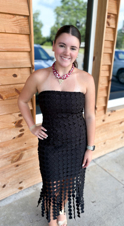 Strapless circle Lace Fringe Midi Tube Dress: BLACK