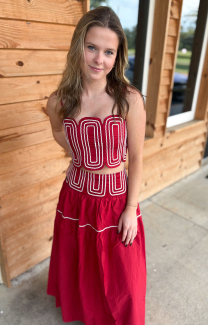 Exclusive Lace Trimmed Top & Skirt Set: CRIMSON/WHITE