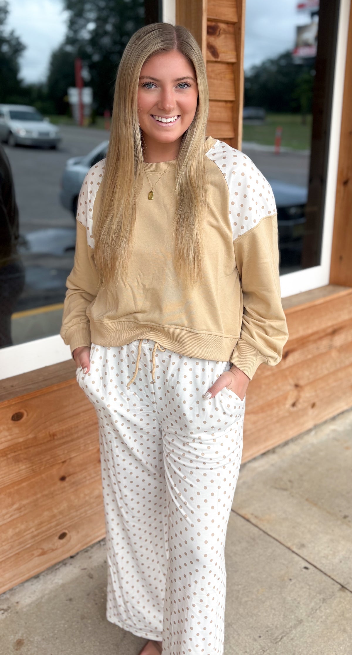 Polka Dot Patchwork Long Sleeve Casual Two Piece Set- Khaki