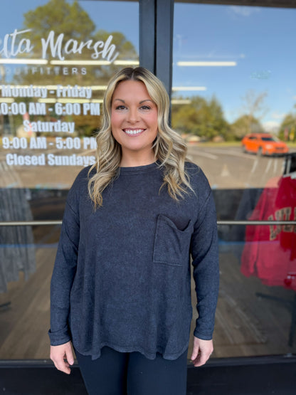 Washed Ribbed Dolman Sleeve Round Neck Top - Ash Black - RTW-8444A