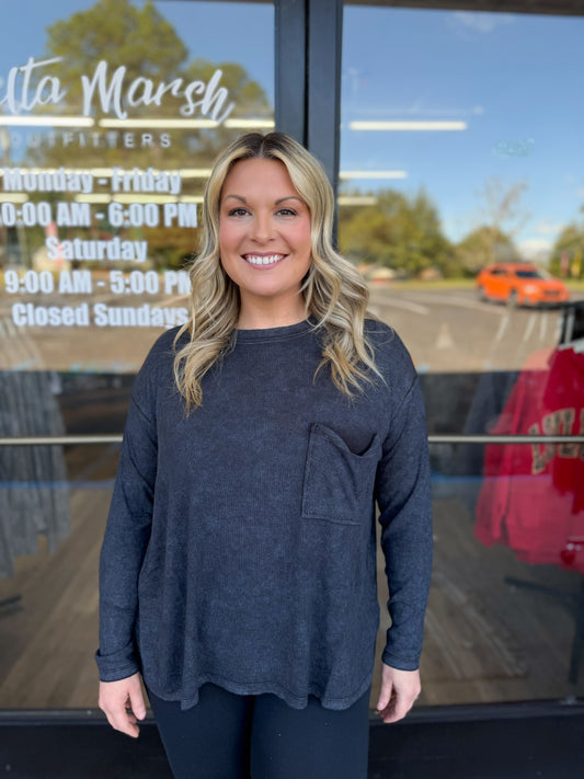 Washed Ribbed Dolman Sleeve Round Neck Top - Ash Black - RTW-8444A