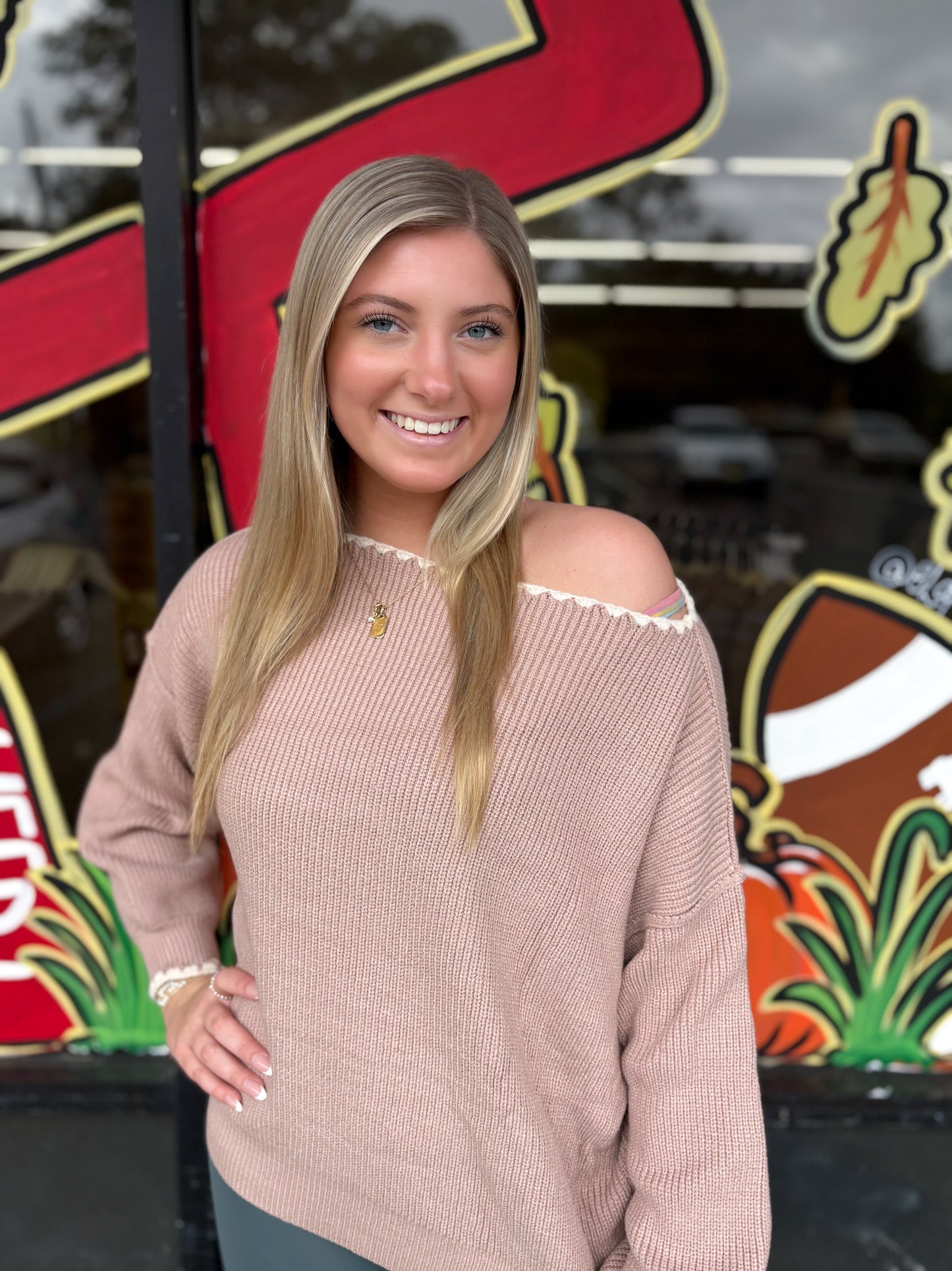 BOAT NECK TRIANGLE STITCH PUFF SLEEVE SWEATER: ASH TAUPE