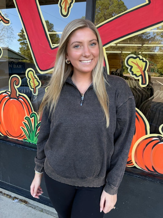 Acid Wash Fleece Half Zip Pullover - Ash Black - OTW-4334Y