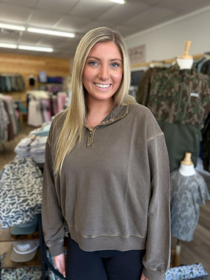 Plus f/terry pigment dye & enzyme washed half zip pullover - Brown - TTW-5282X5