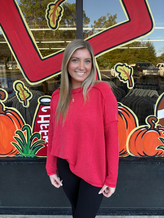 Plus raised rib raw edge boat neck long sleeve top - Ruby