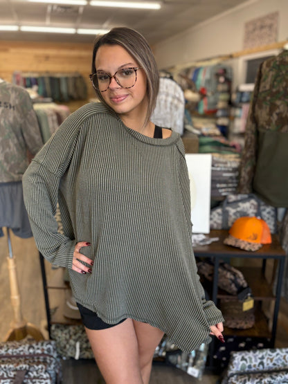 Plus raised rib raw edge boat neck long sleeve top - Dark Olive