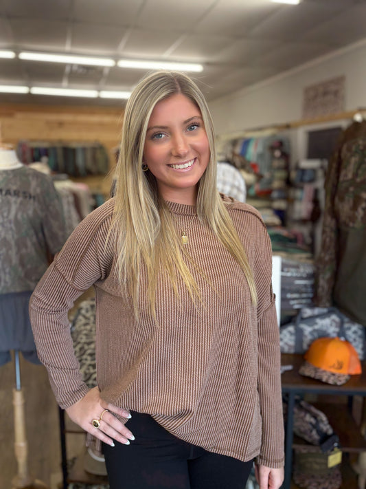 Plus raised rib raw edge boat neck long sleeve top - Brown