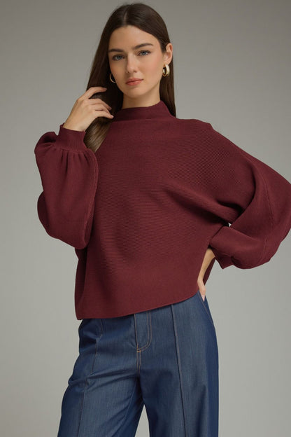Solid Long Balloon Sleeve Knit Top Burgundy