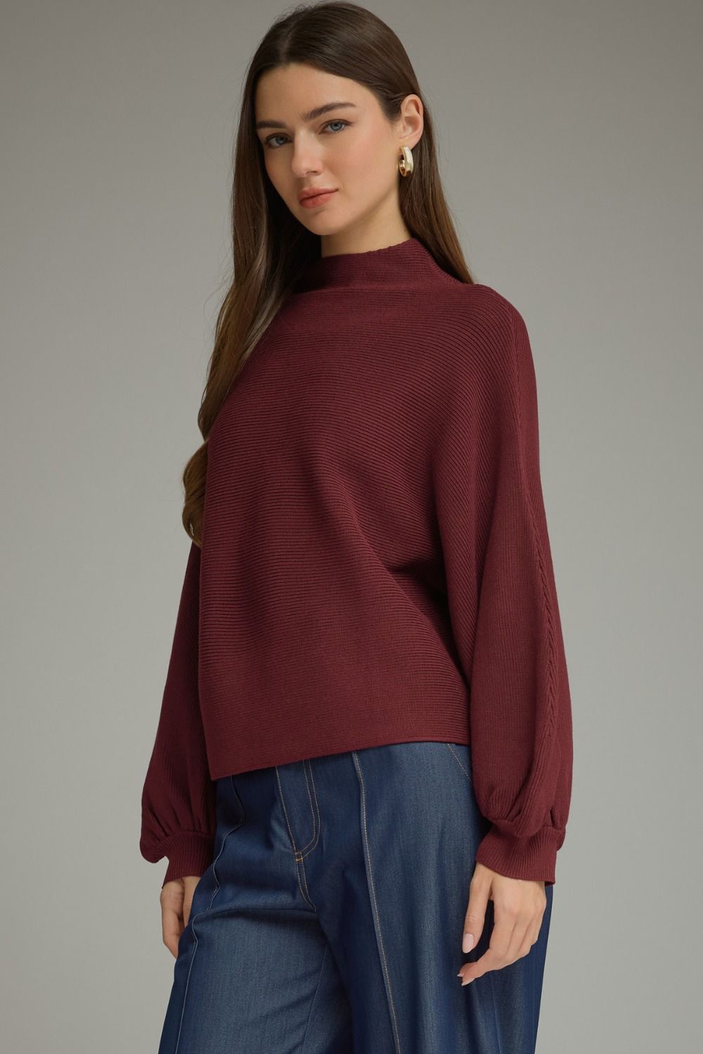 Solid Long Balloon Sleeve Knit Top Burgundy
