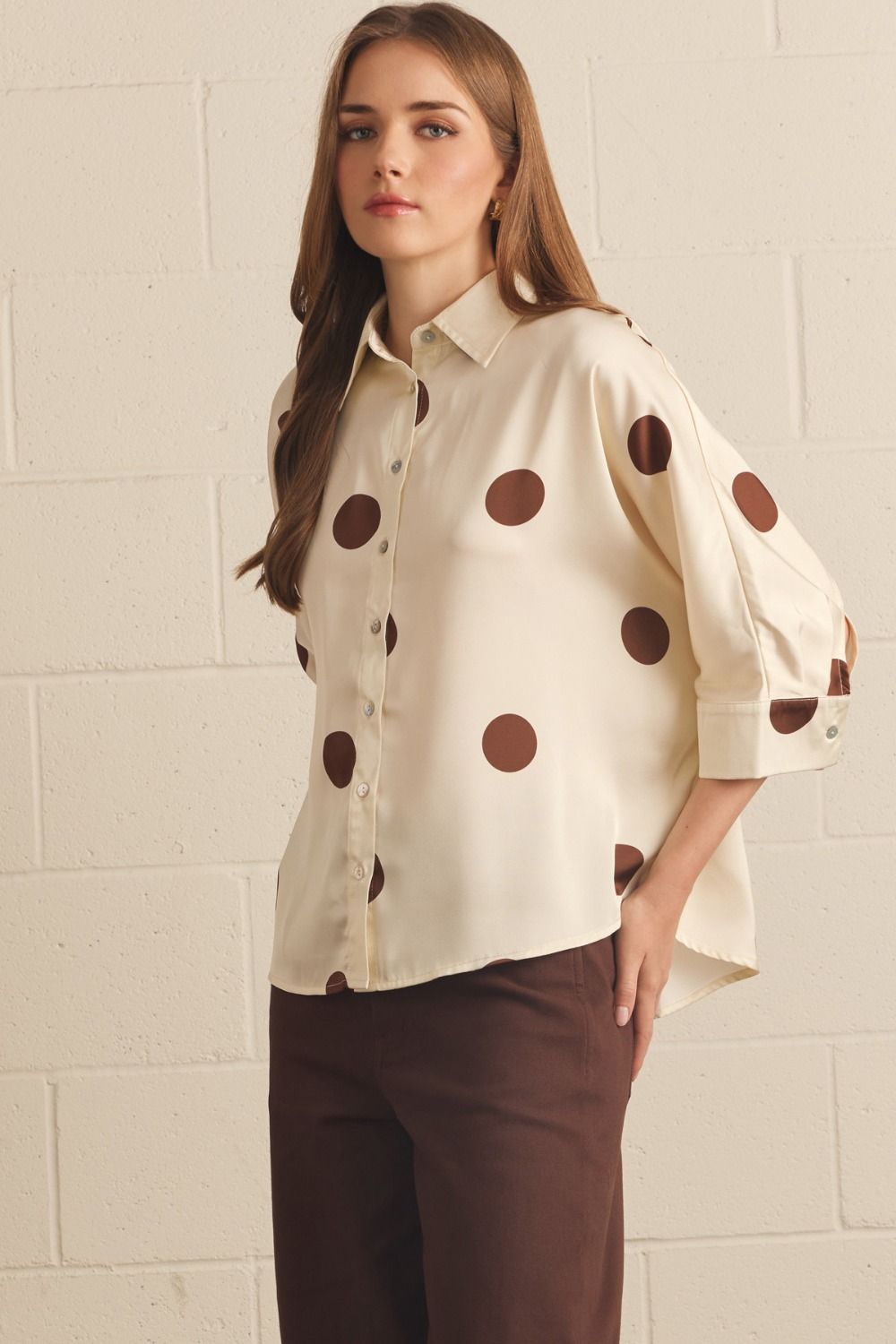 Polka Dot 3/4 Sleeve Button Down Top