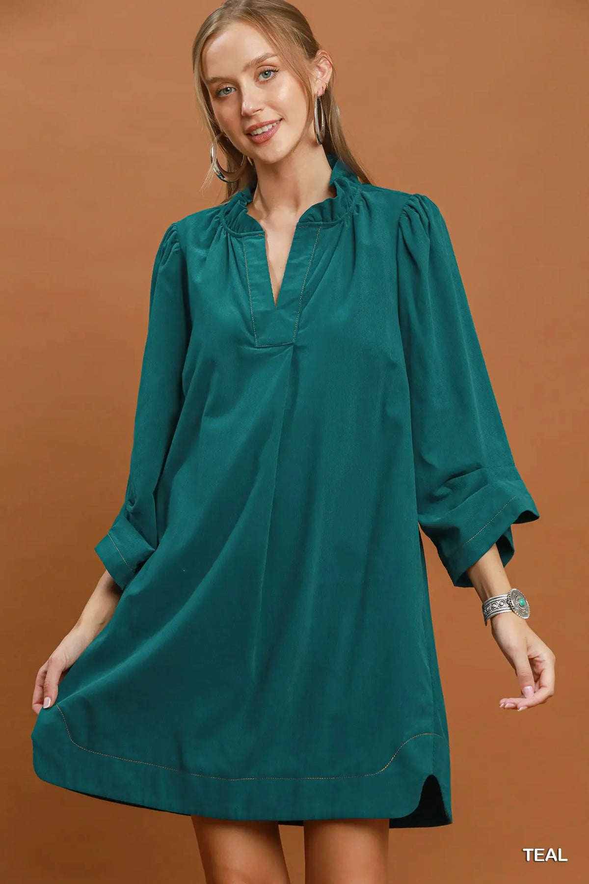 Corduroy Split Neck Puff Sleeve Shift Dress