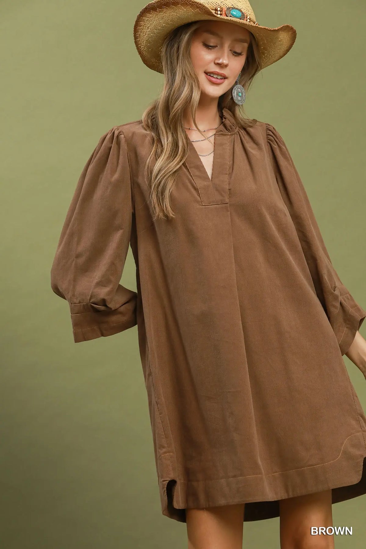 Corduroy Split Neck Puff Sleeve Shift Dress