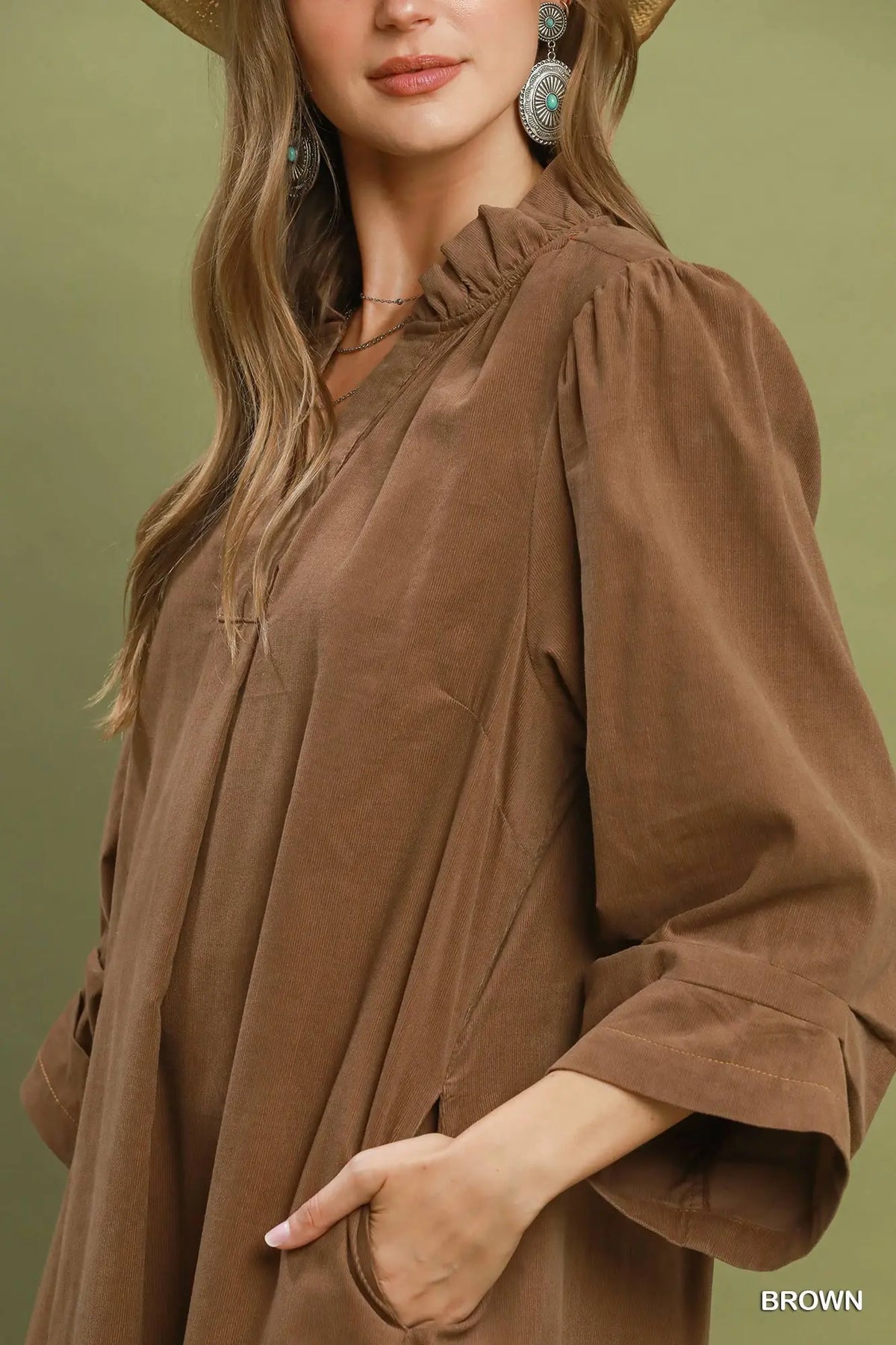 Corduroy Split Neck Puff Sleeve Shift Dress