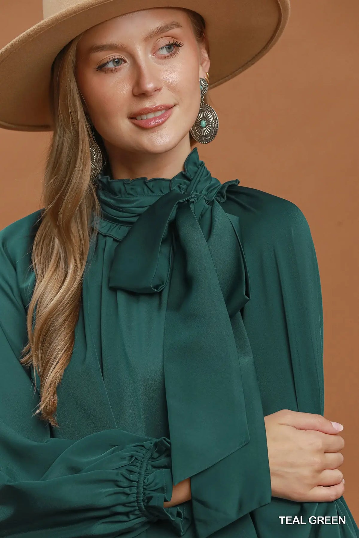 Satin Tie Neck Ruffle Detail Long Sleeve Blouse