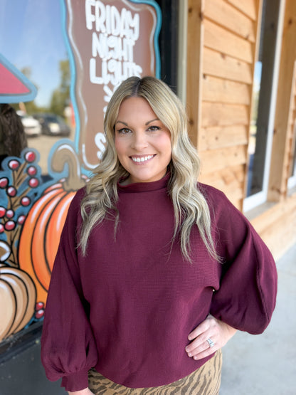 Solid Long Balloon Sleeve Knit Top Burgundy