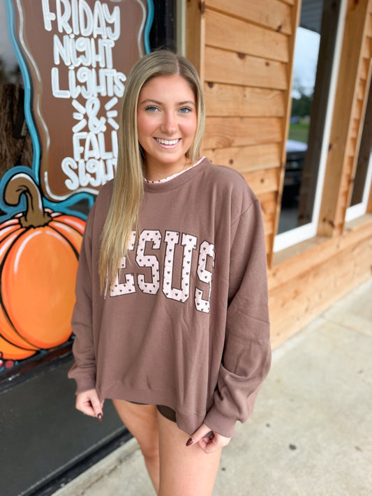 JESUS | 'JESUS' Heart Applique Varsity Sweatshirt: Brown