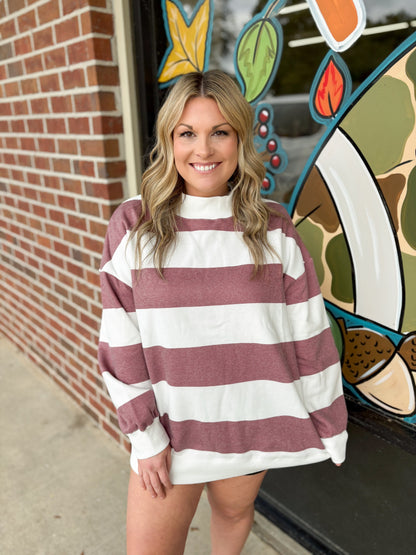 Wine and White Striped Mockneck Pullover: Wine & White