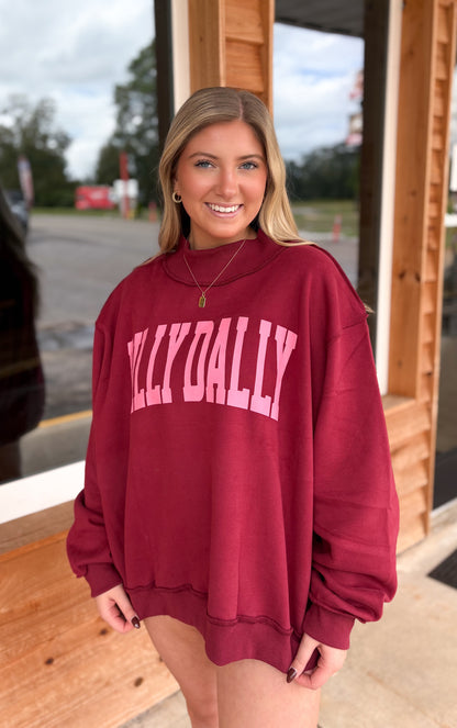 IT2594-DILLYDALLY | 'DILLY DALLY' Mockneck Sweatshirt: Burgundy