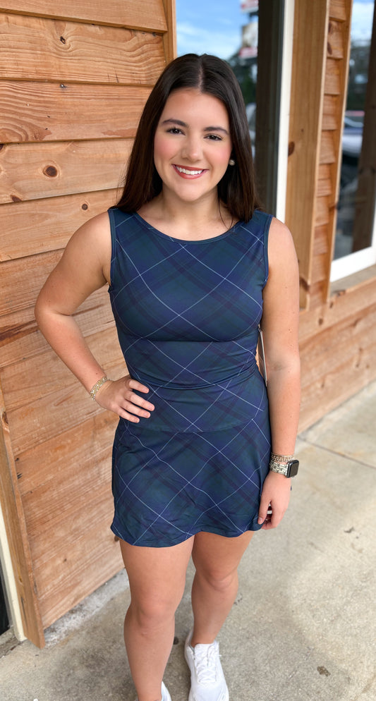 Plaid Print A-Line Mini Dress with Drop Waist: Evergreen Plaid
