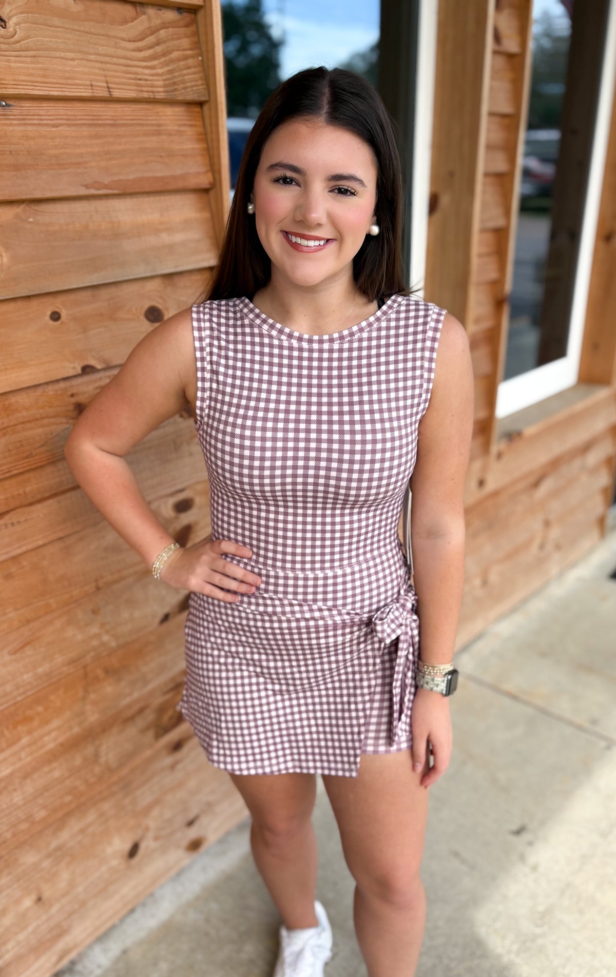 Gingham Print Sleeveless Wrap Tie Front Dress: Mauve Pink Gingham / S