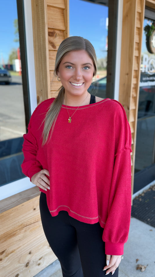 T2397 Overlap Open Back Oversize Fit Reverse Stitched Top: Crimson