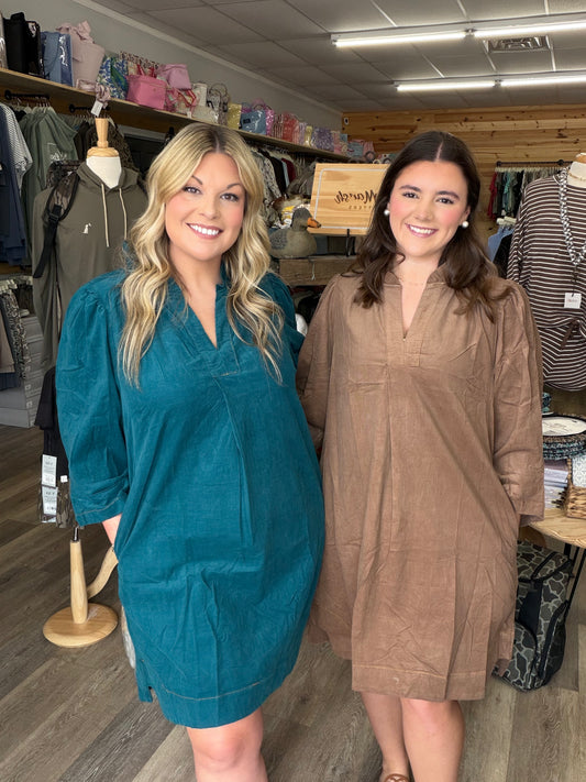 Corduroy Split Neck Puff Sleeve Shift Dress