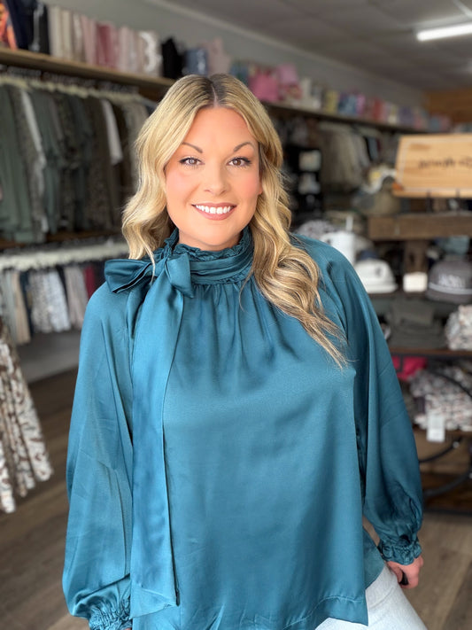 Satin Tie Neck Ruffle Detail Long Sleeve Blouse