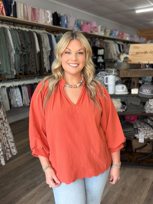 Split V Neck Top with Balloon Sleeves Rust
