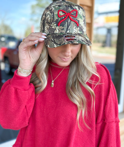 Camo Bow Embroidered Trucker Hat: Red