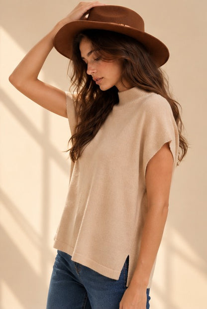 SOFT WOOL BLEND MOCK NECK SHORT SLEEVE SWEATER