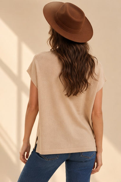 SOFT WOOL BLEND MOCK NECK SHORT SLEEVE SWEATER