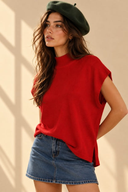 SOFT WOOL BLEND MOCK NECK SHORT SLEEVE SWEATER
