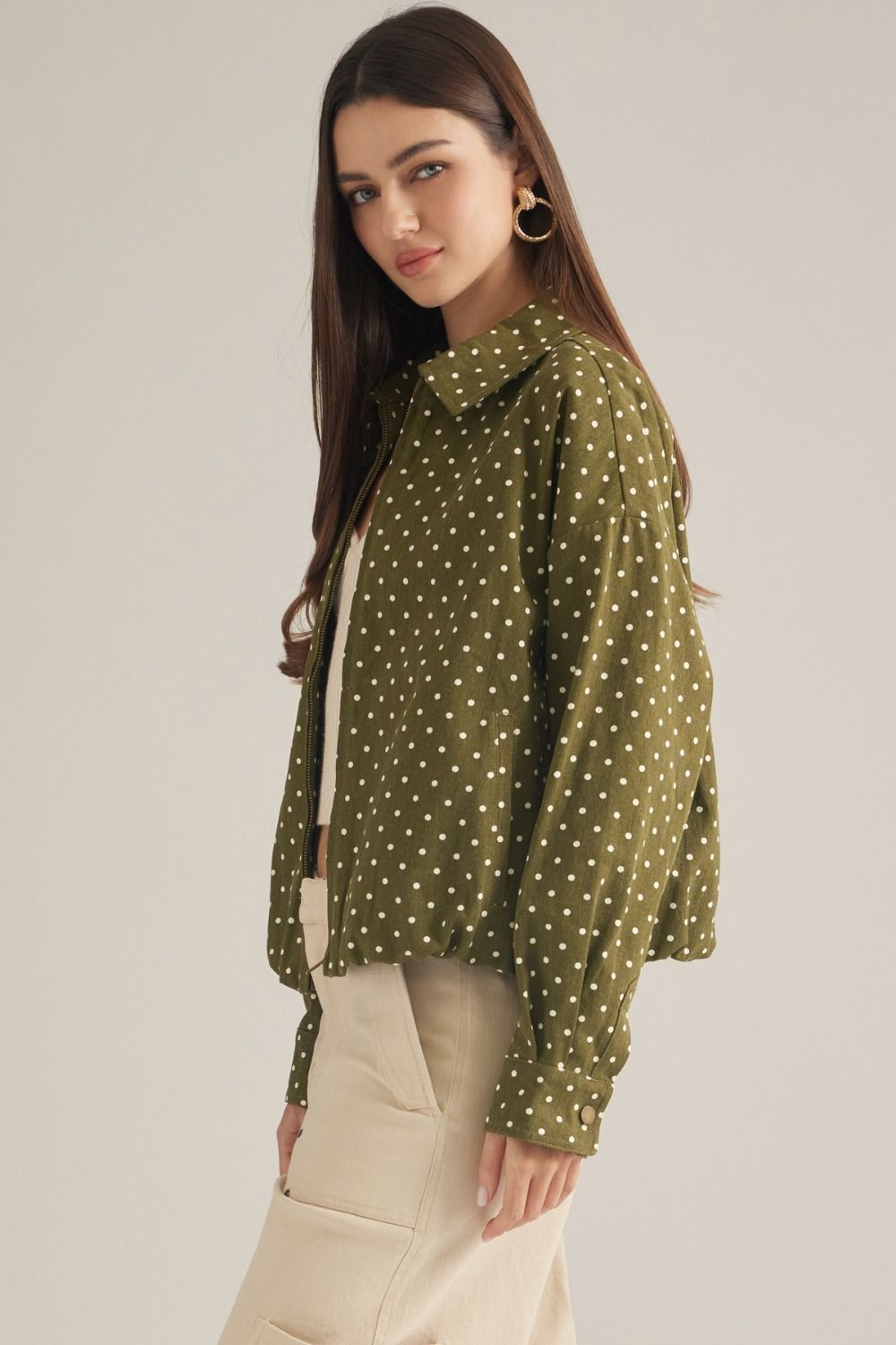 Polka Dot Long Sleeve Jacket - Olive
