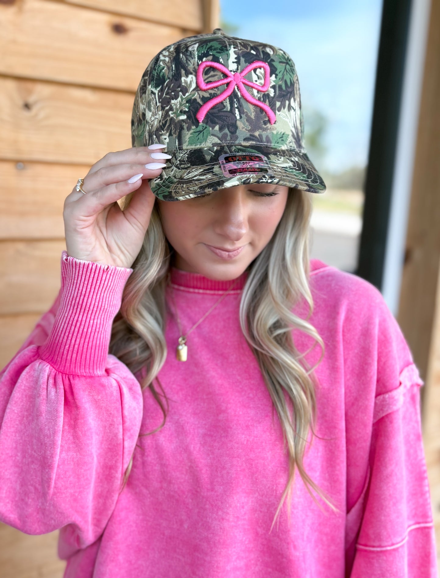 Camo Bow Embroidered Trucker Hat: Pink