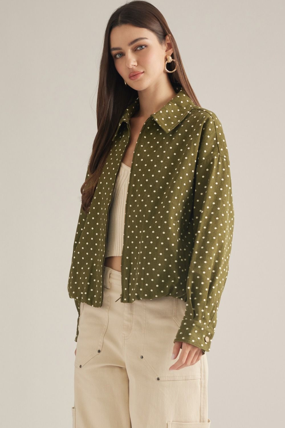 Polka Dot Long Sleeve Jacket - Olive