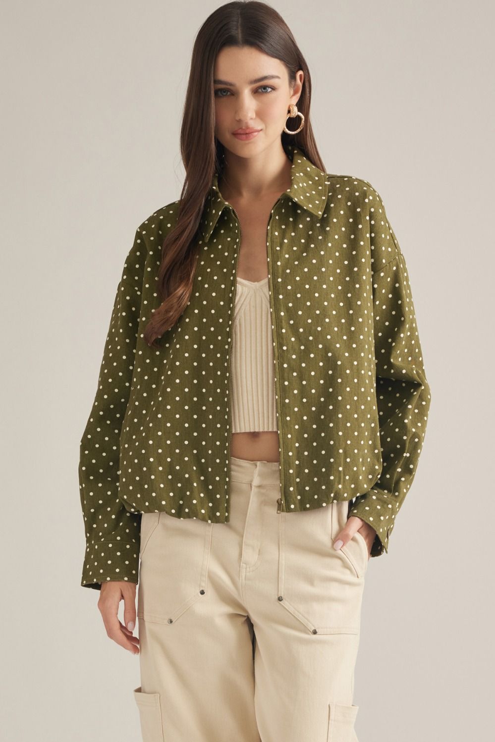 Polka Dot Long Sleeve Jacket - Olive