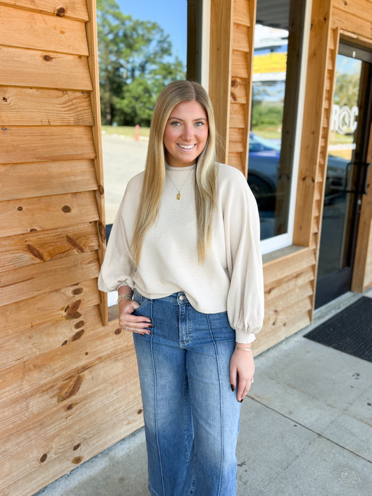 Solid Long Balloon Sleeve Knit Top