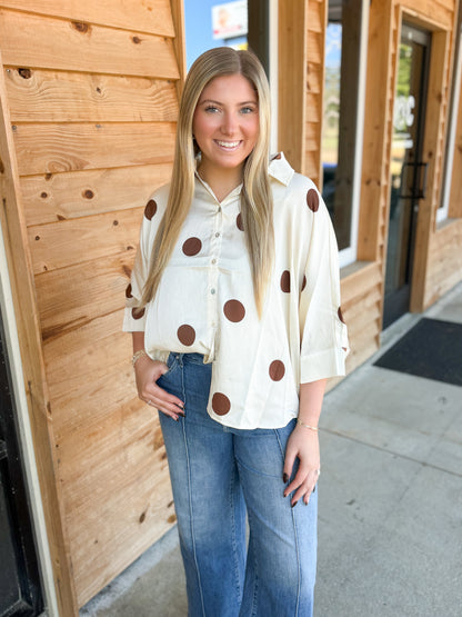 Polka Dot 3/4 Sleeve Button Down Top